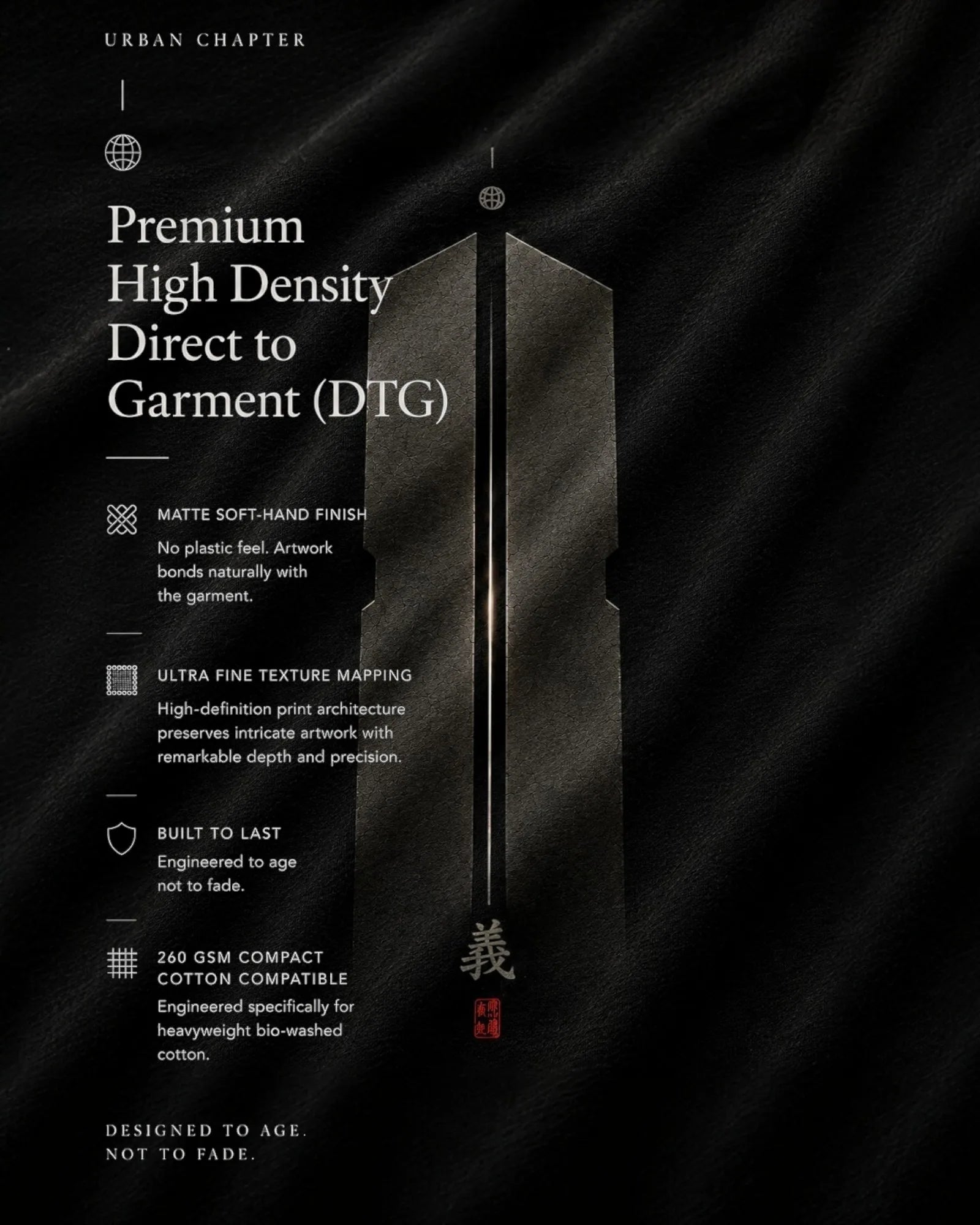 Extreme macro photography of heavyweight 260 GSM black cotton revealing the intricate texture and depth of the high-density geometric DTG artwork.