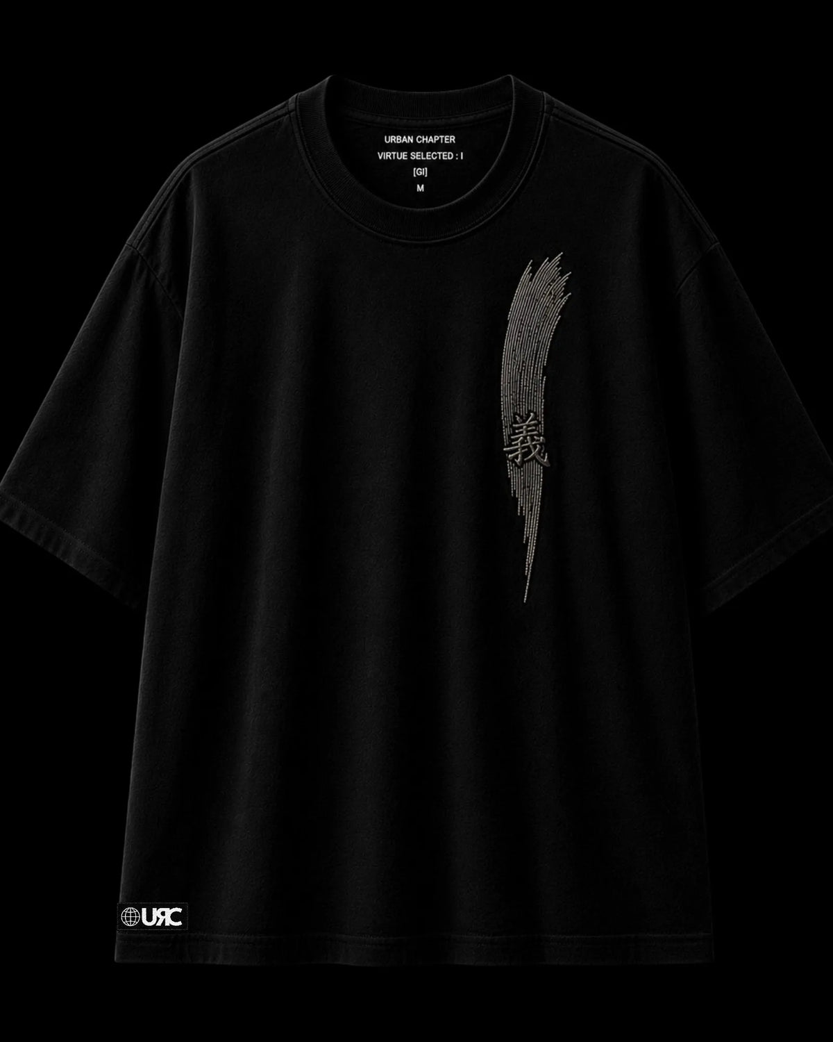 Front flat-lay of the GI heavy black 260 GSM French terry tee, featuring a dimensional satin-embroidered blade motif, geometric cross detail, and lower hem applique patch.