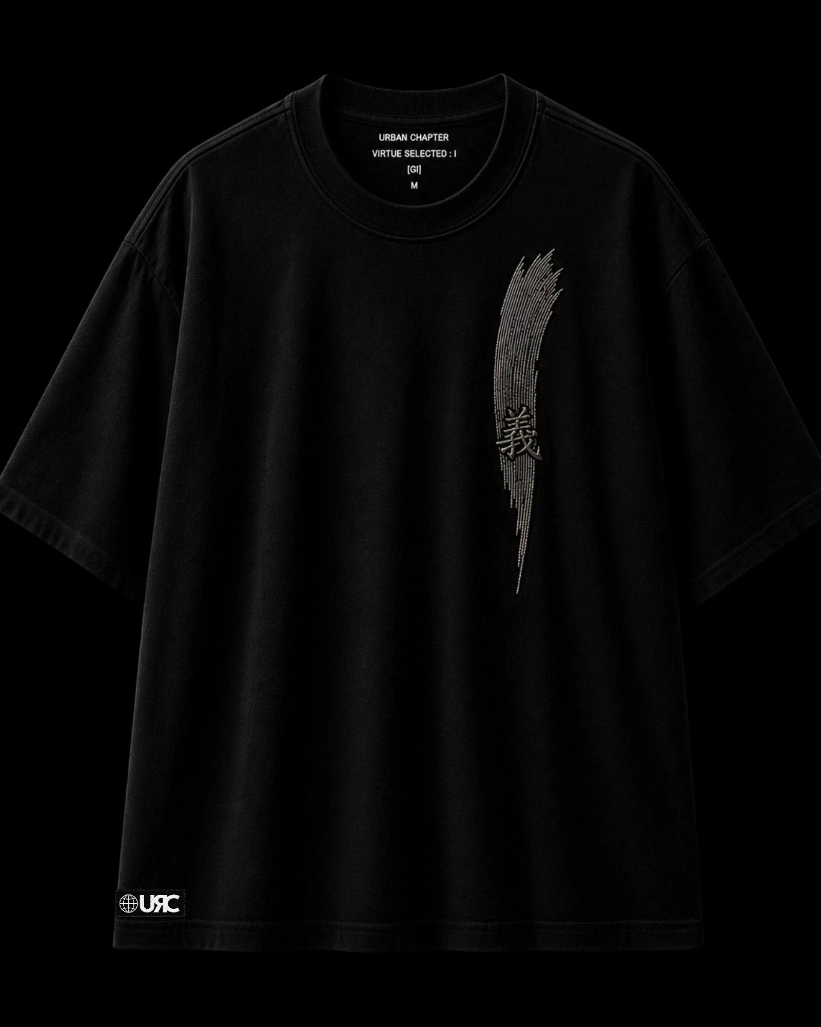 Front flat-lay of the GI heavy black 260 GSM French terry tee, featuring a dimensional satin-embroidered blade motif, geometric cross detail, and lower hem applique patch.