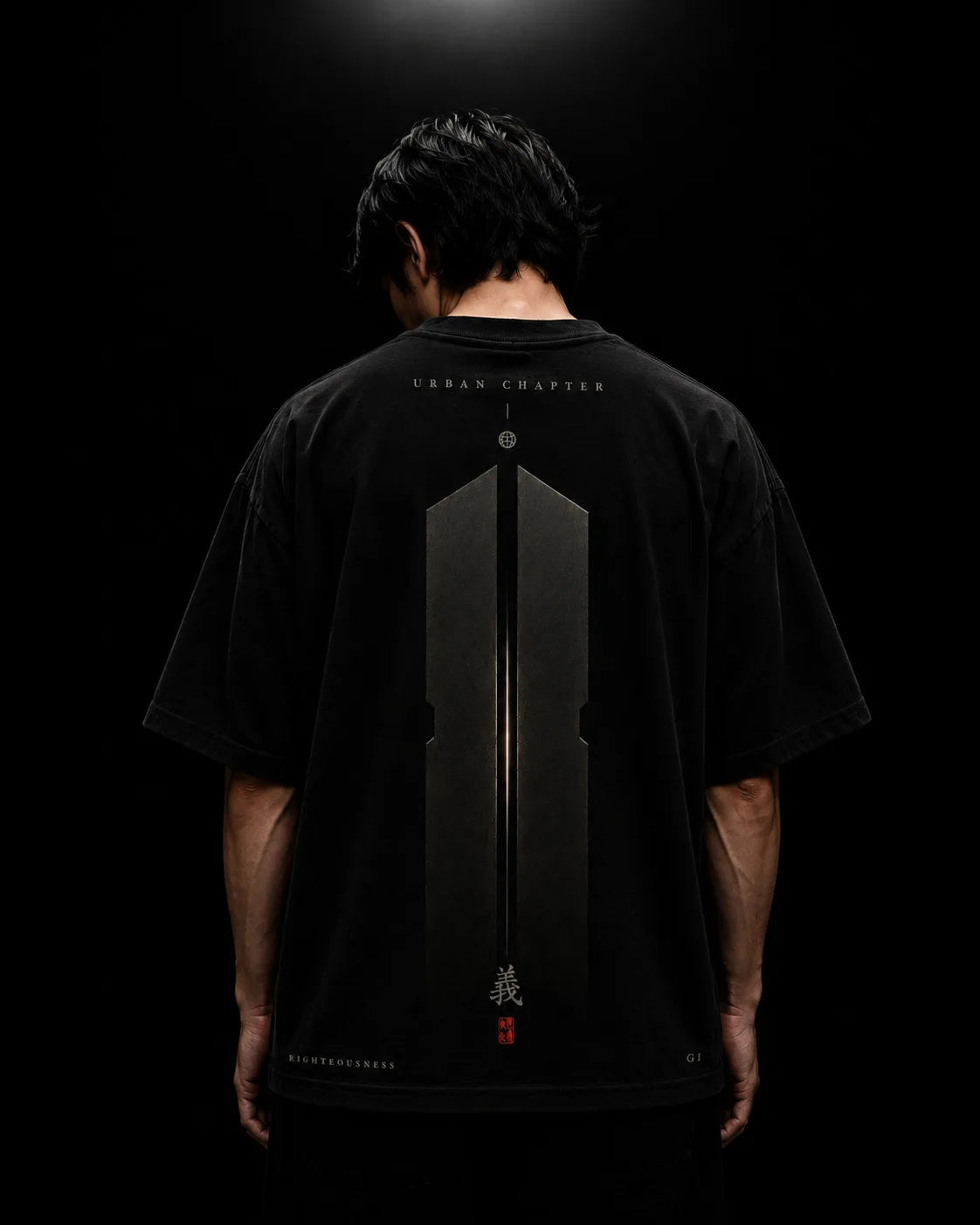 Reverse view of a figure wearing the oversized GI tee, displaying the heavy drape and high-density geometric DTG back graphic.