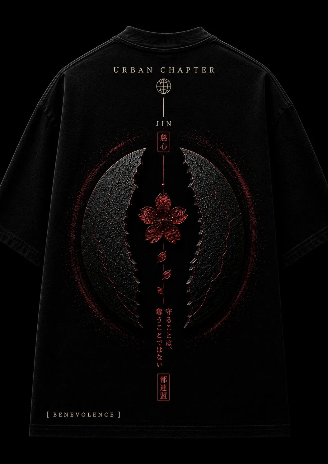Reverse flat-lay of the JIN artifact featuring a monumental high-density DTG composition where a crimson sakura blooms between fractured obsidian crescents, symbolizing that true benevolence emerges through sacrifice rather than weakness.