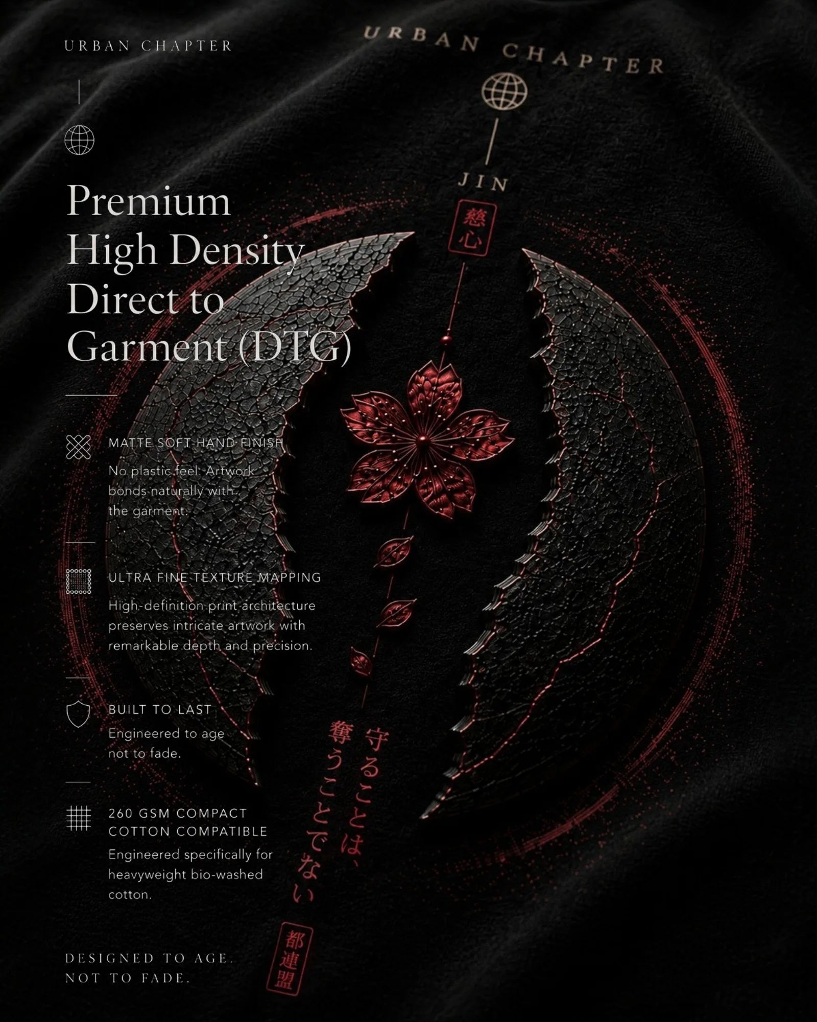 Extreme macro photography of heavyweight black cotton revealing the ultra-fine high-density DTG architecture of the fractured obsidian crescents and crimson sakura, preserving intricate volcanic stone textures with exceptional depth and clarity.