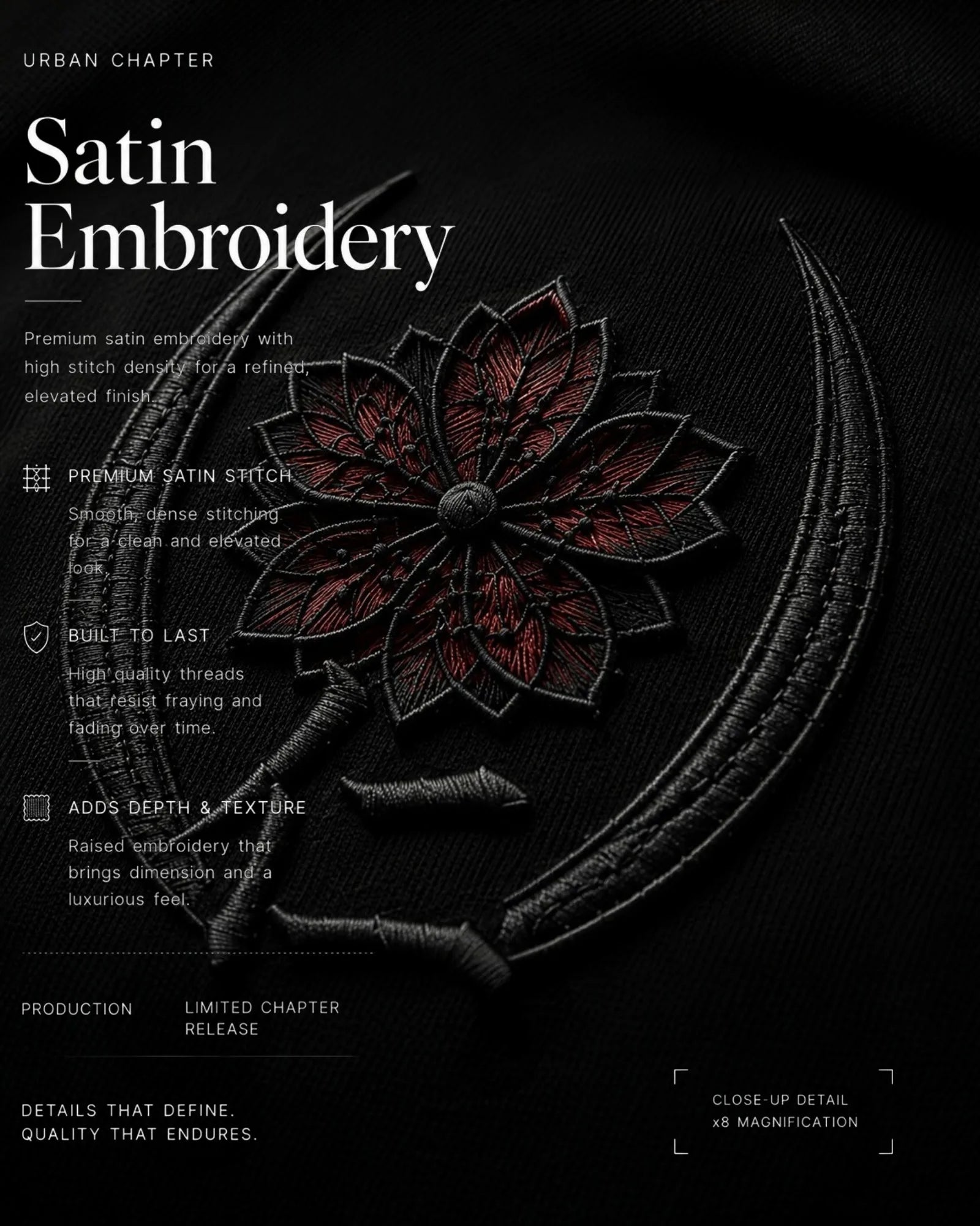 Extreme macro photography of dense 260 GSM black French terry showcasing the raised satin-embroidered sakura crest and twin crescents, where layered stitching creates remarkable depth, precision, and ceremonial craftsmanship.