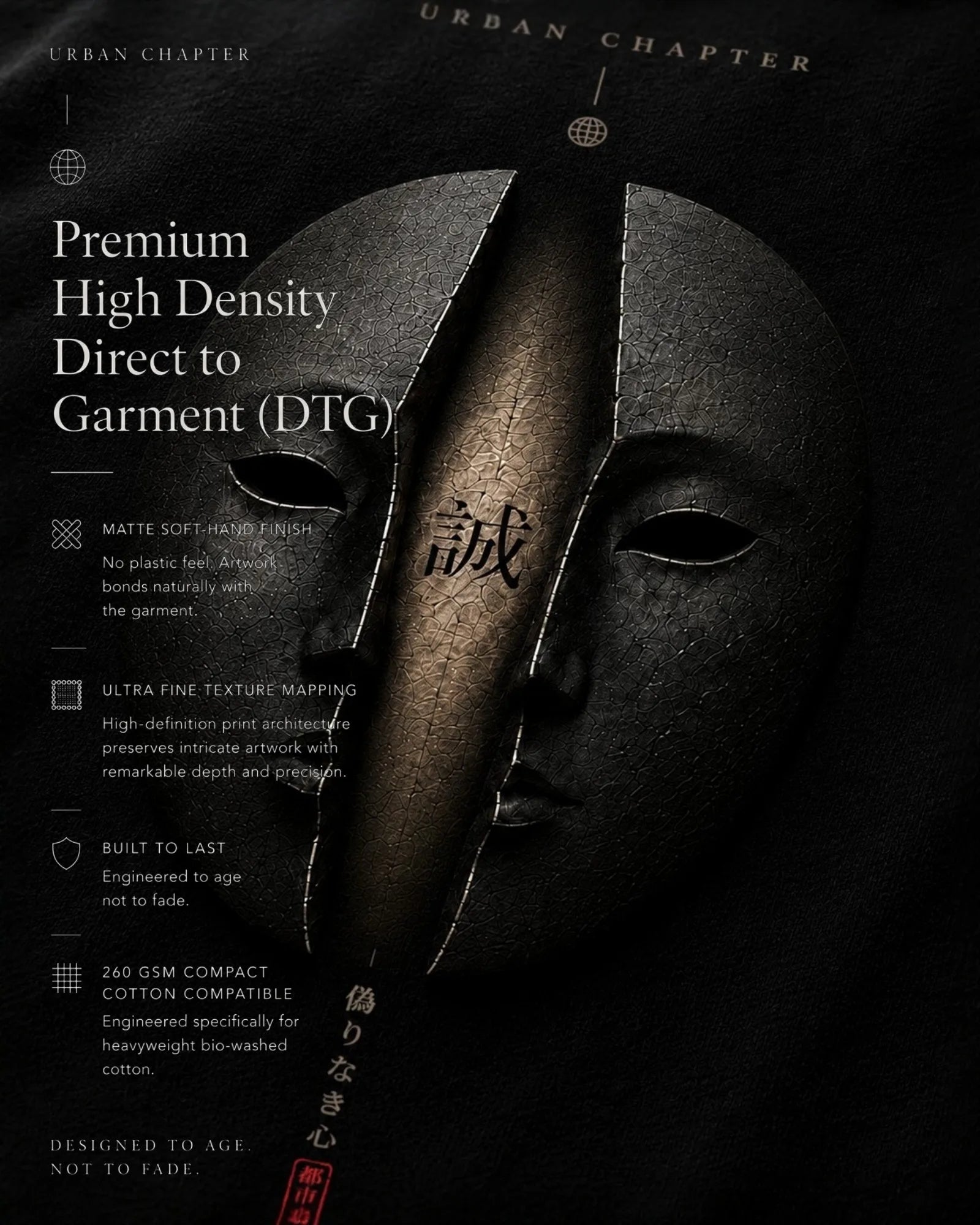 Extreme macro photography of heavyweight 260 GSM black cotton revealing the intricate texture and depth of the high-density DTG artwork, where fractured ceremonial masks emerge from darkness around a central axis.
