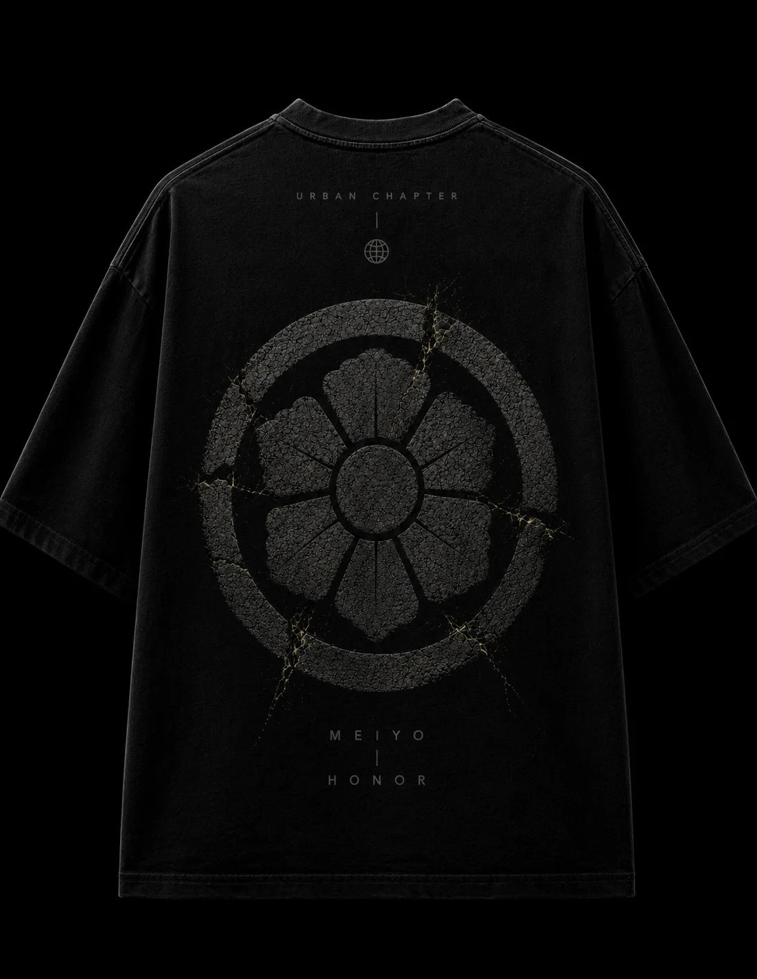 Reverse flat-lay of the MEIYO artifact featuring a monumental high-density DTG crest, weathered with fractured volcanic stone textures symbolizing that true honor is forged through adversity.