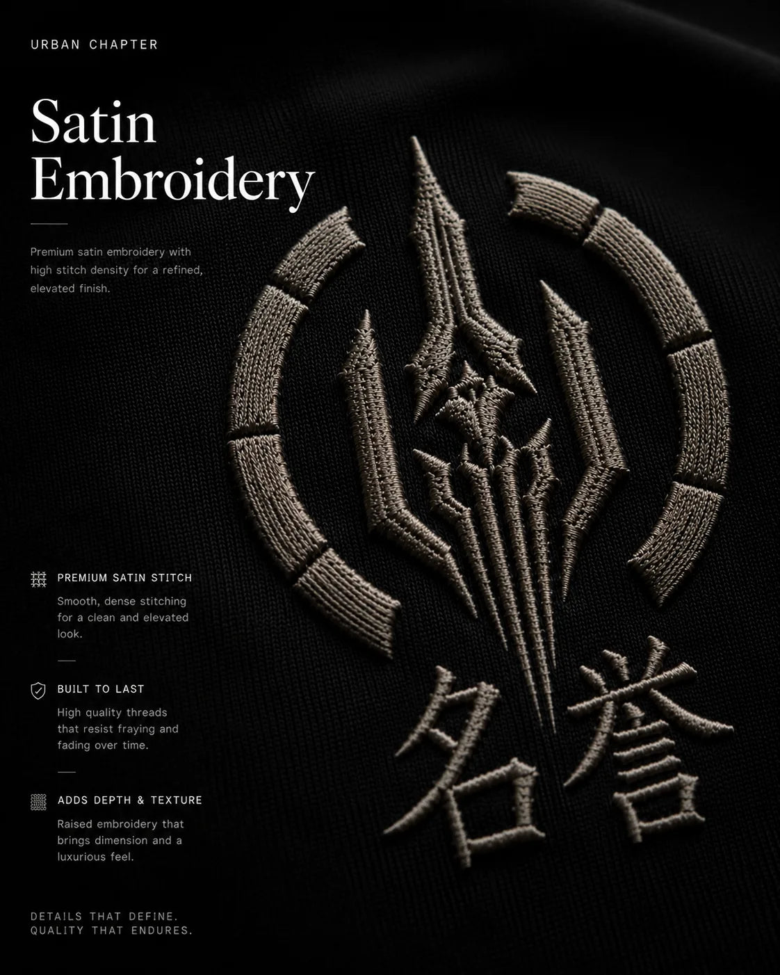 Extreme macro photography of dense 260 GSM black French terry showcasing the raised satin-embroidered MEIYO crest, where every stitch creates depth, structure, and ceremonial precision.