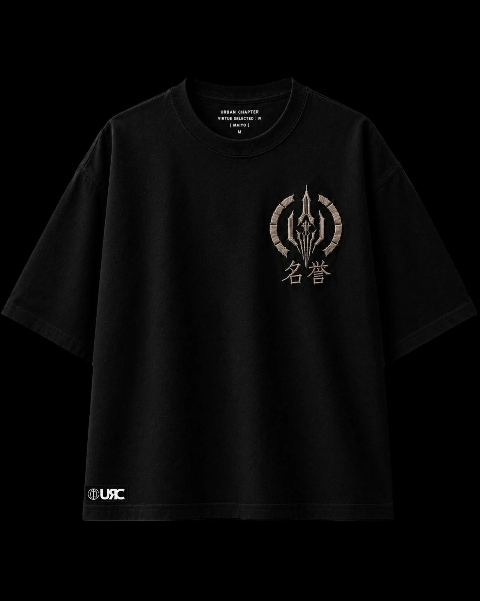Front flat-lay of the MEIYO heavy black 260 GSM French terry artifact, featuring a sculpted satin-embroidered crest inspired by the eternal pursuit of honor, finished with tonal kanji embroidery and the signature Urban Chapter woven identity patch.
