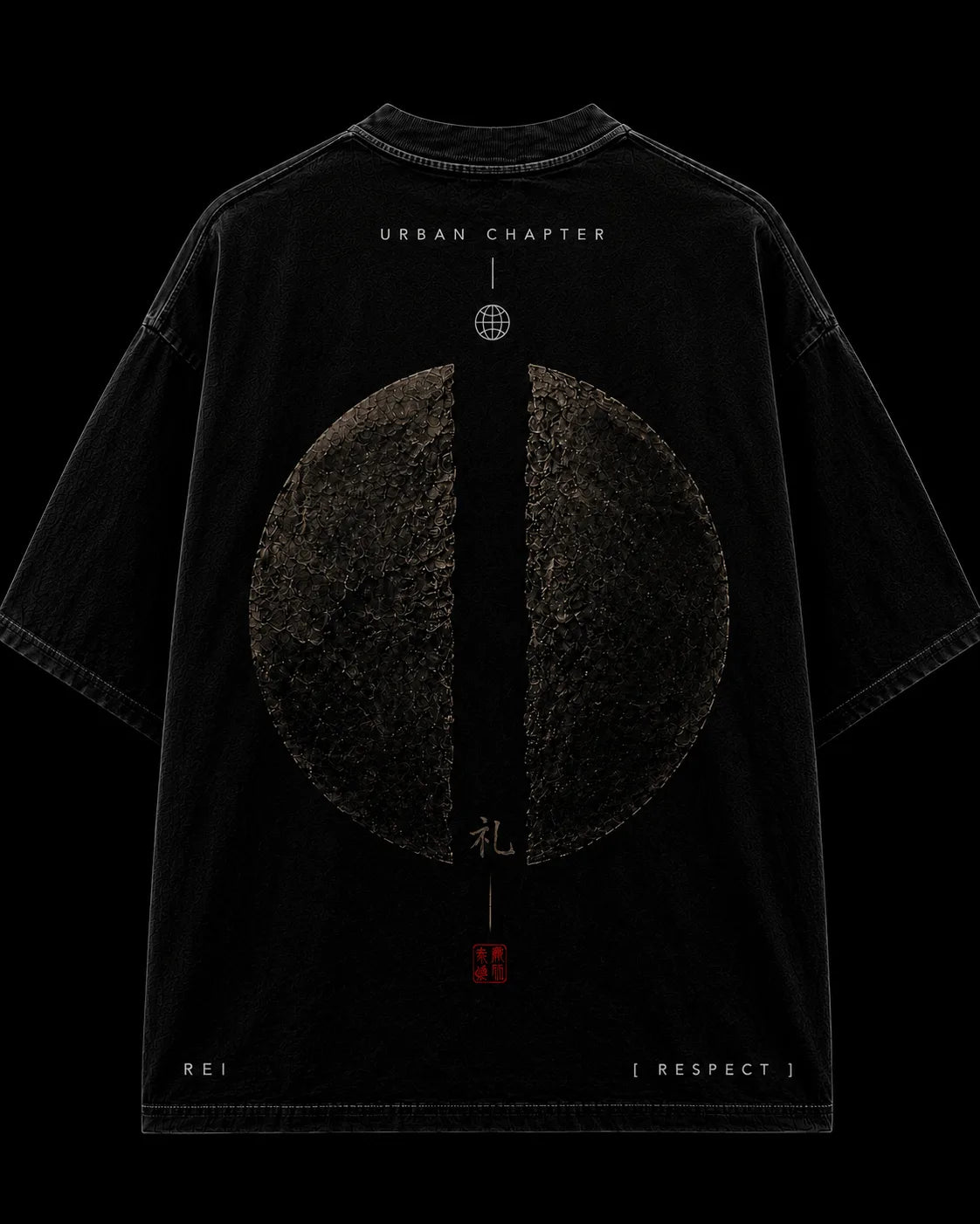 Back view of the REI oversized black T-shirt featuring a monumental fractured stone circle rendered in ultra-fine high-density DTG print, divided by a sacred vertical axis and ceremonial symbols that embody the Bushido virtue of Respect.
