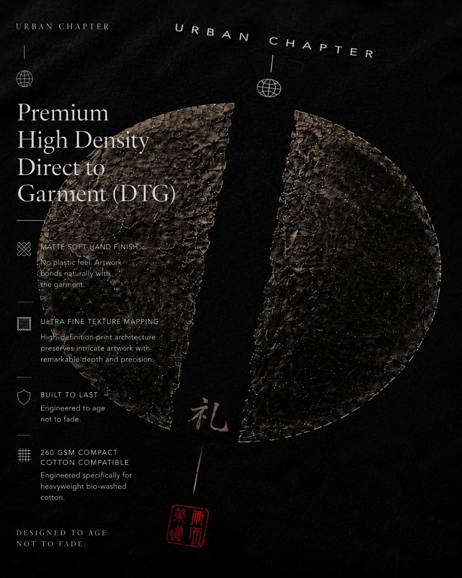 Extreme macro photography of heavyweight black cotton revealing the ultra-fine high-density DTG architecture of the fractured obsidian forms. Layered volcanic stone textures and subtle surface detailing preserve remarkable depth while maintaining a soft-hand matte finish.