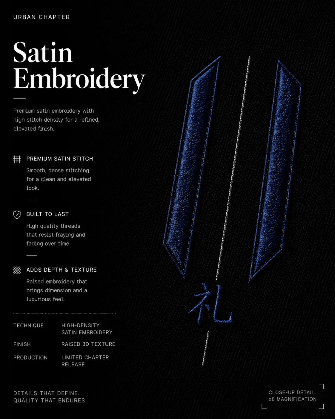 Extreme macro photography of dense 260 GSM black French terry showcasing the raised satin embroidery of the indigo ceremonial pillars and central sigil. Precision stitching creates exceptional depth, symmetry, and a refined architectural finish.