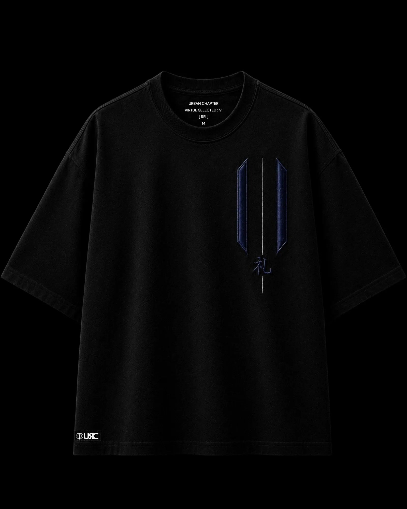 Front flat-lay of the REI heavy black 260 GSM artifact, featuring twin satin-embroidered indigo pillars divided by a single ceremonial line. The composition represents the silent discipline of respect—holding space before drawing the blade. Finished with the signature Urban Chapter woven identity patch.
