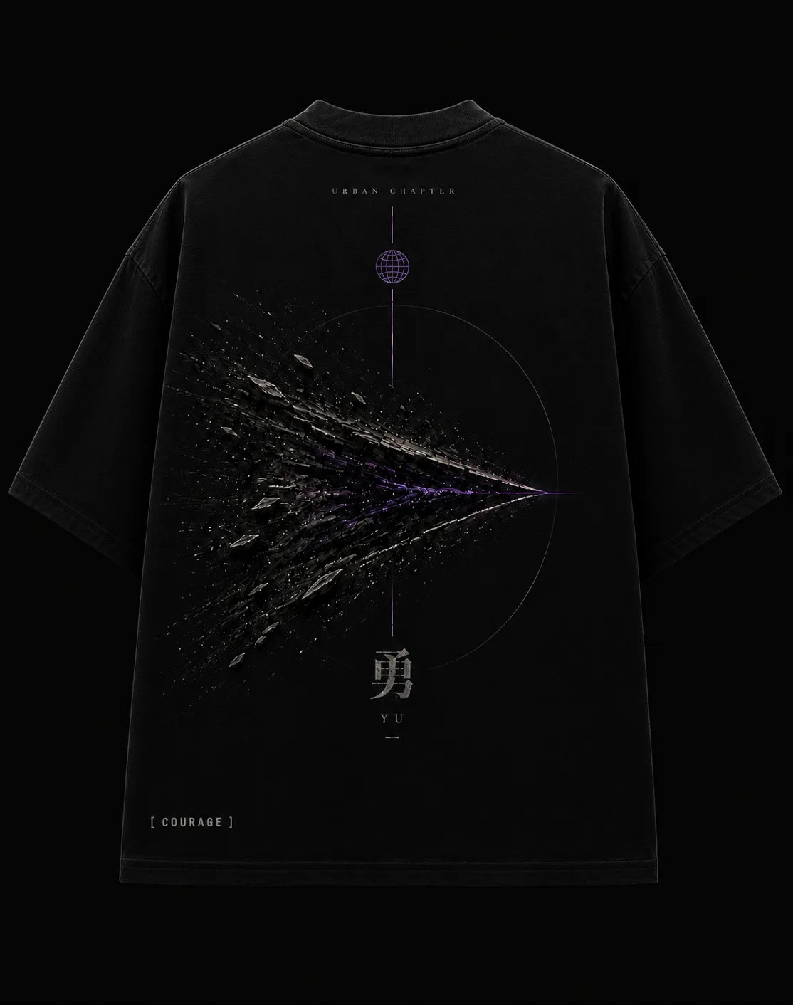 Reverse flat-lay of the YU streetwear artifact featuring a high-density DTG composition of fractured shards converging into a luminous violet spearpoint.