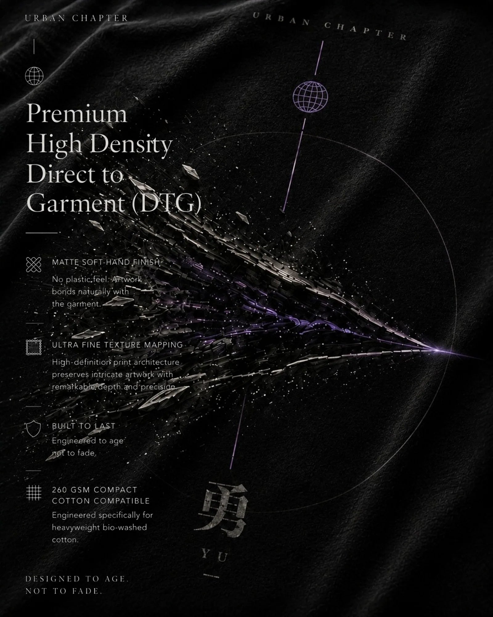 Extreme macro photography of heavyweight 260 GSM black cotton revealing the intricate texture and depth of the high-density DTG artwork, where fractured forms converge into a radiant violet point.