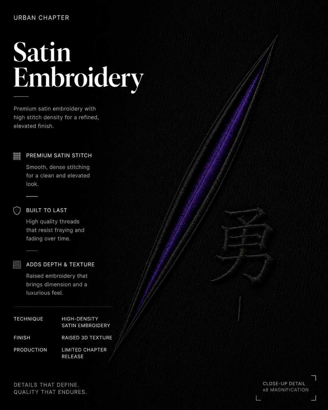 Extreme macro photography of dense 260 GSM black French terry intersecting with a razor-sharp dimensional satin embroidery strike and tonal raised kanji detailing.