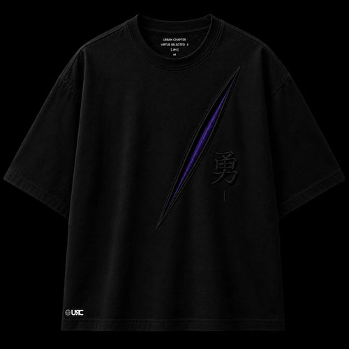 Front flat-lay of the YU heavy black 260 GSM French terry artifact, featuring a dimensional satin-embroidered energy blade motif, tonal kanji embroidery, and lower hem applique patch.