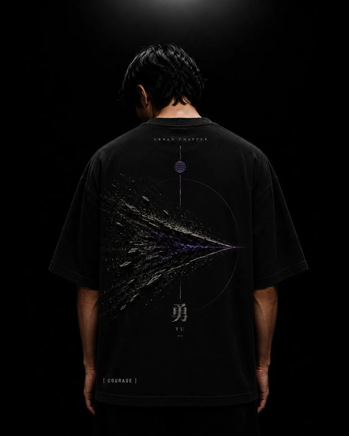 Reverse view of a figure wearing the oversized YU artifact, displaying the heavy drape and high-density DTG back graphic inspired by focused impact and courage.